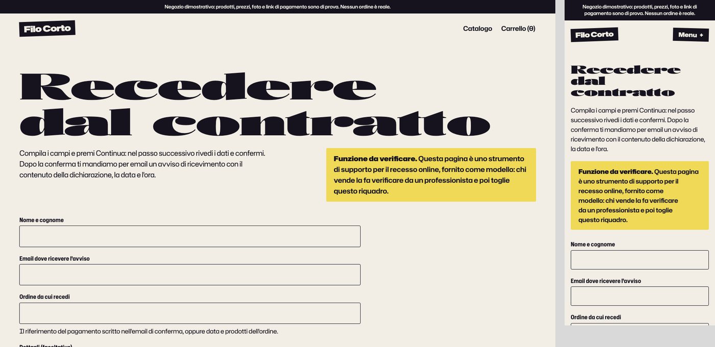 Pagina «Recedere dal contratto» del negozio di prova Filo Corto: il modulo con nome, email e ordine, e un riquadro giallo che avvisa che la funzione va verificata da un professionista.