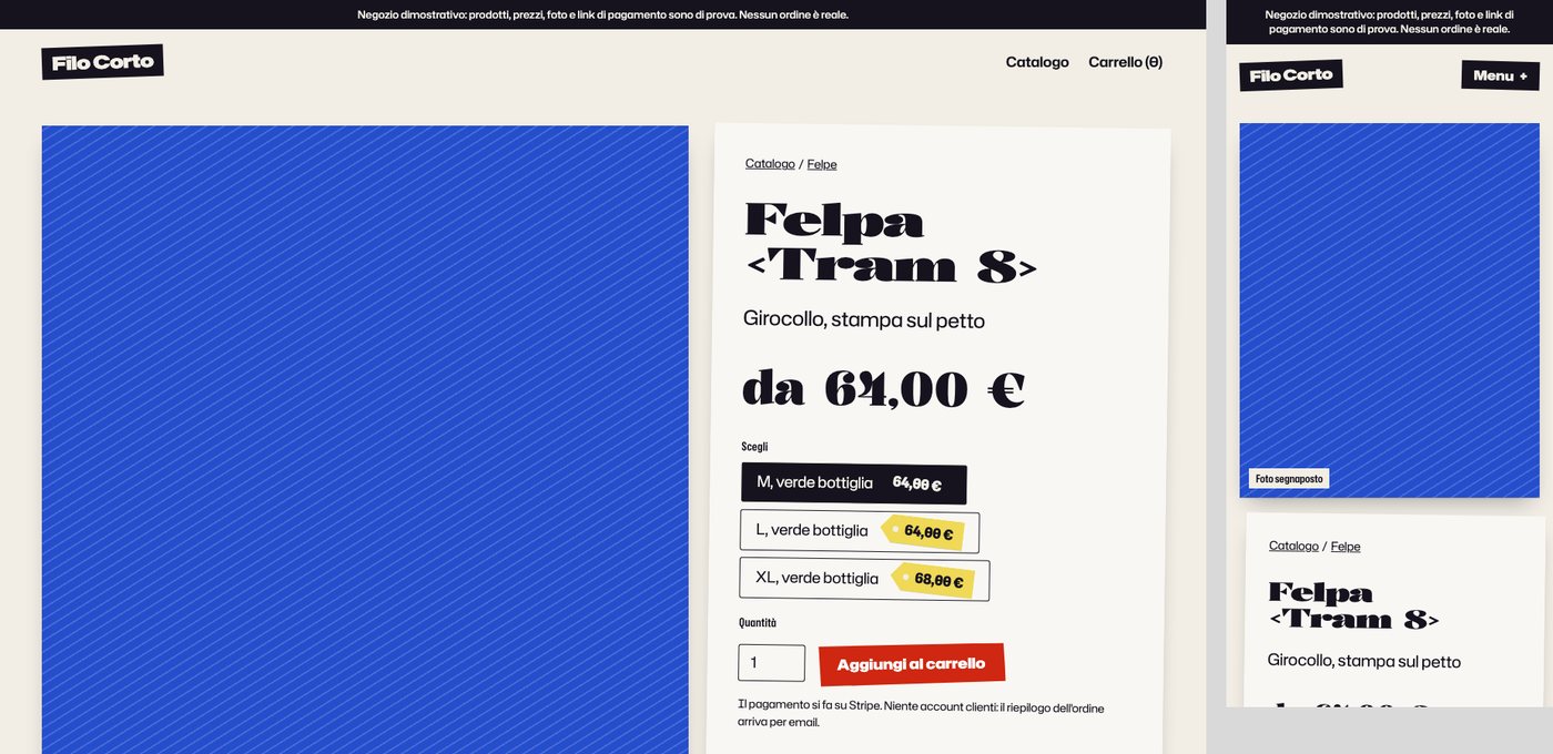 Scheda prodotto di Filo Corto, abbigliamento di prova: la felpa «Tram 8» a 64 euro, con le taglie e i colori da scegliere e il bottone rosso Aggiungi al carrello, al computer e al telefono.