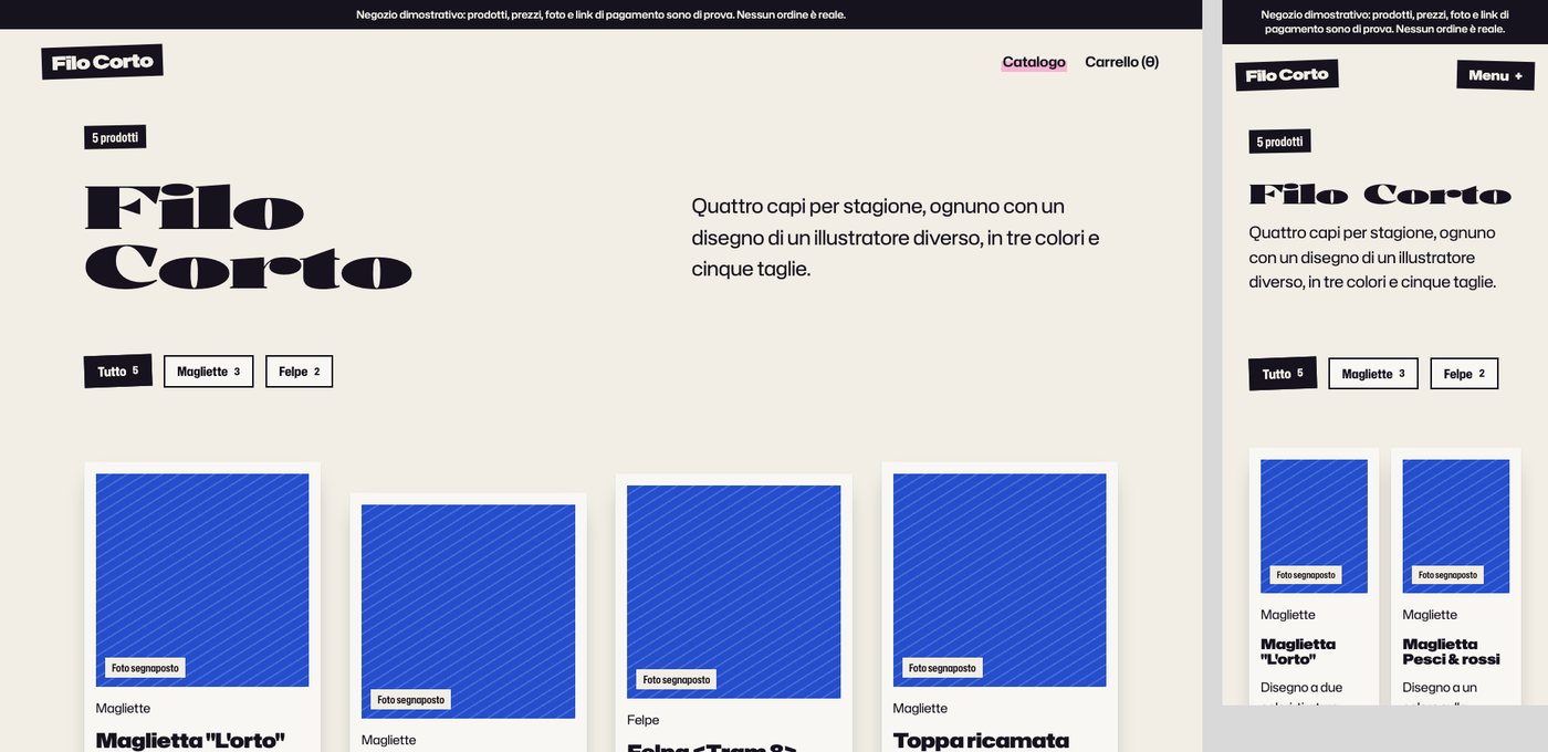 Demo di Store con carrello: il catalogo di Filo Corto, abbigliamento di prova, con le magliette su fondo blu, al computer e al telefono.