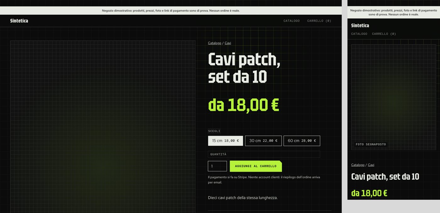 Scheda prodotto di Sintetica, negozio di prova di moduli per sintetizzatori: «Cavi patch, set da 10» da 18 euro, su fondo nero con il prezzo verde acido e tre lunghezze da scegliere, al computer e al telefono.
