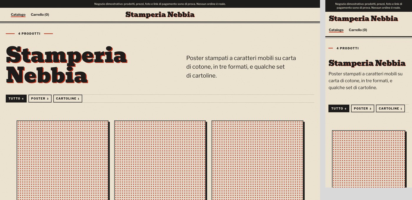 Catalogo di Stamperia Nebbia, stamperia di prova: il nome in grandi lettere da tipografia su carta color sabbia, i filtri Tutto, Poster e Cartoline e i primi poster con foto segnaposto, al computer e al telefono.