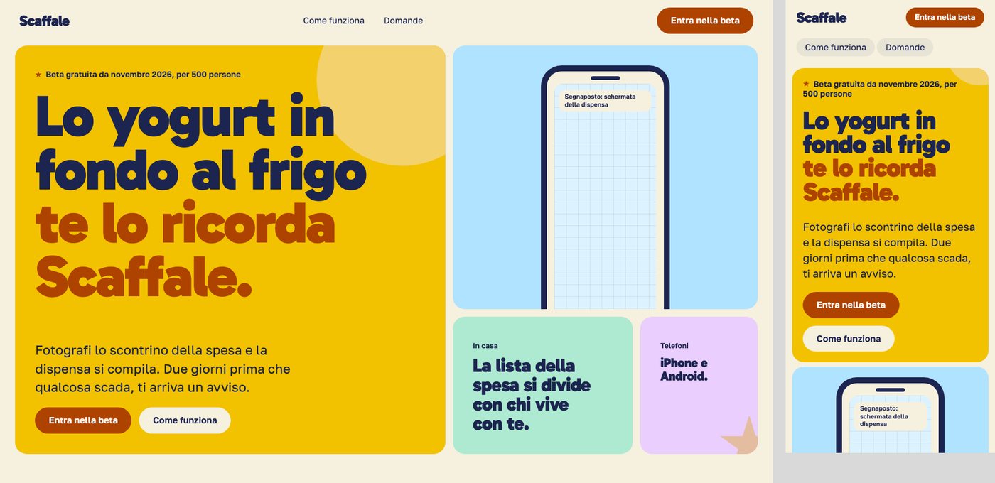 Demo di Landing page: la pagina gialla di Scaffale, app di prova per la lista della spesa, al computer e al telefono.