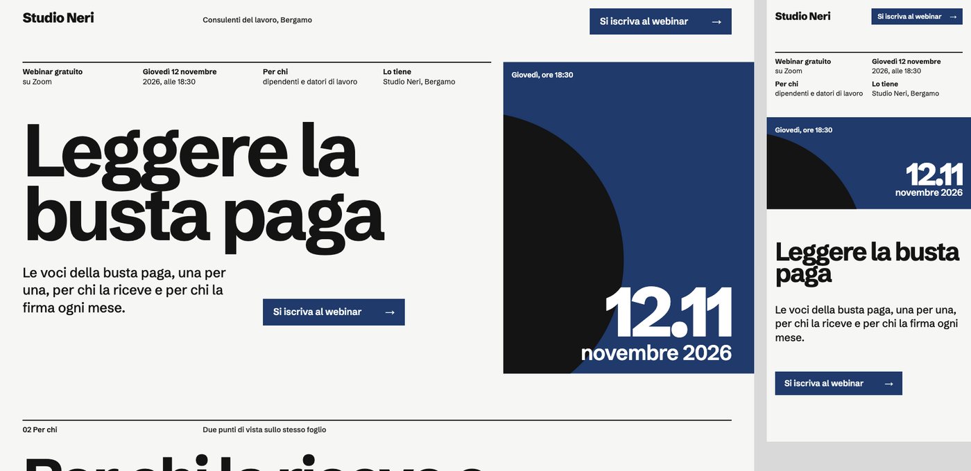 Landing di Studio Neri, consulenti del lavoro di prova: il titolo «Leggere la busta paga», la data 12.11 su un riquadro blu e il bottone Si iscriva al webinar, al computer e al telefono.