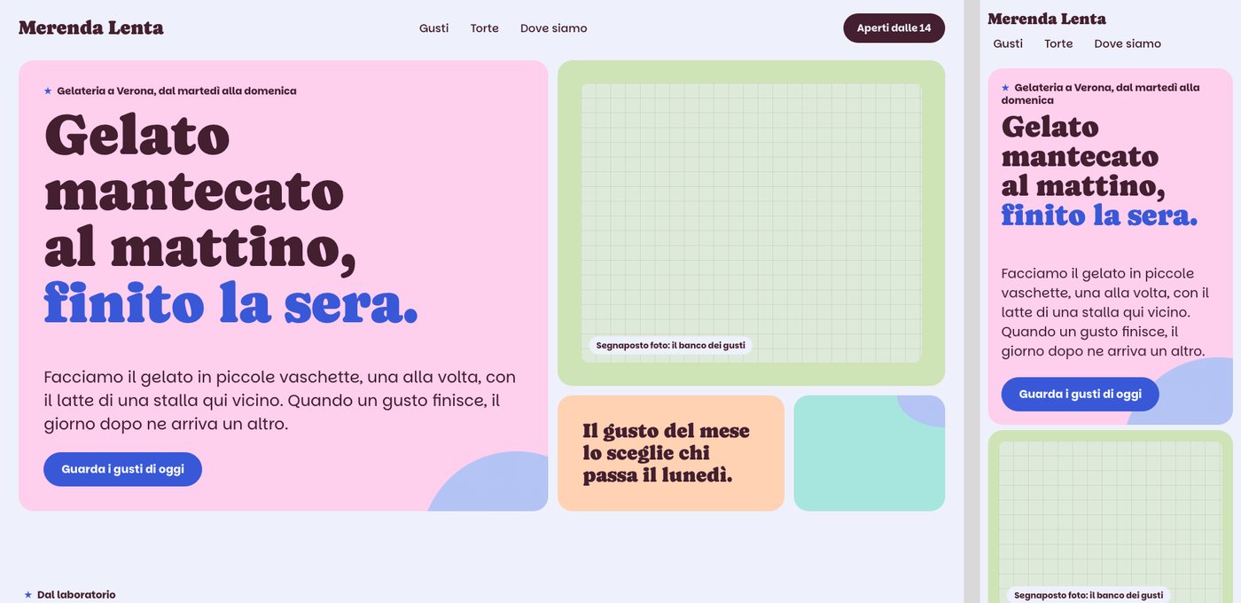 Home di Merenda Lenta, gelateria di prova a Verona: il titolo «Gelato mantecato al mattino, finito la sera.» su una piastrella rosa, accanto a un riquadro verde con una foto segnaposto, al computer e al telefono.