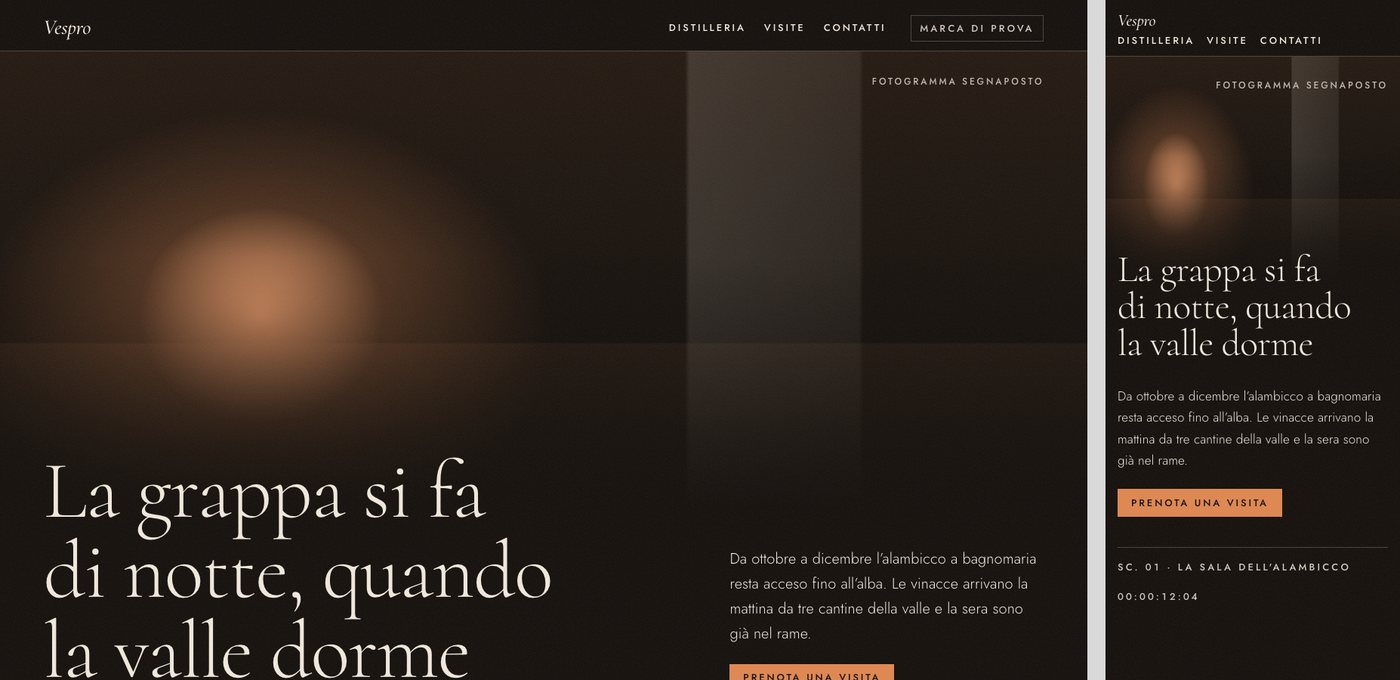 Home di Vespro, distilleria di prova: su fondo scuro il titolo «La grappa si fa di notte, quando la valle dorme» in un serif chiaro, con un fotogramma segnaposto e il pulsante Prenota una visita, al computer e al telefono.