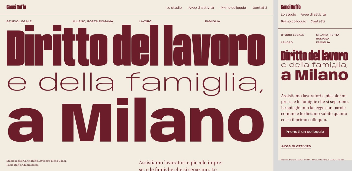 Demo di Siti v2: la home dello studio legale di prova Ganci Ruffo, con il titolo gigante in rosso scuro su crema, al computer e al telefono.