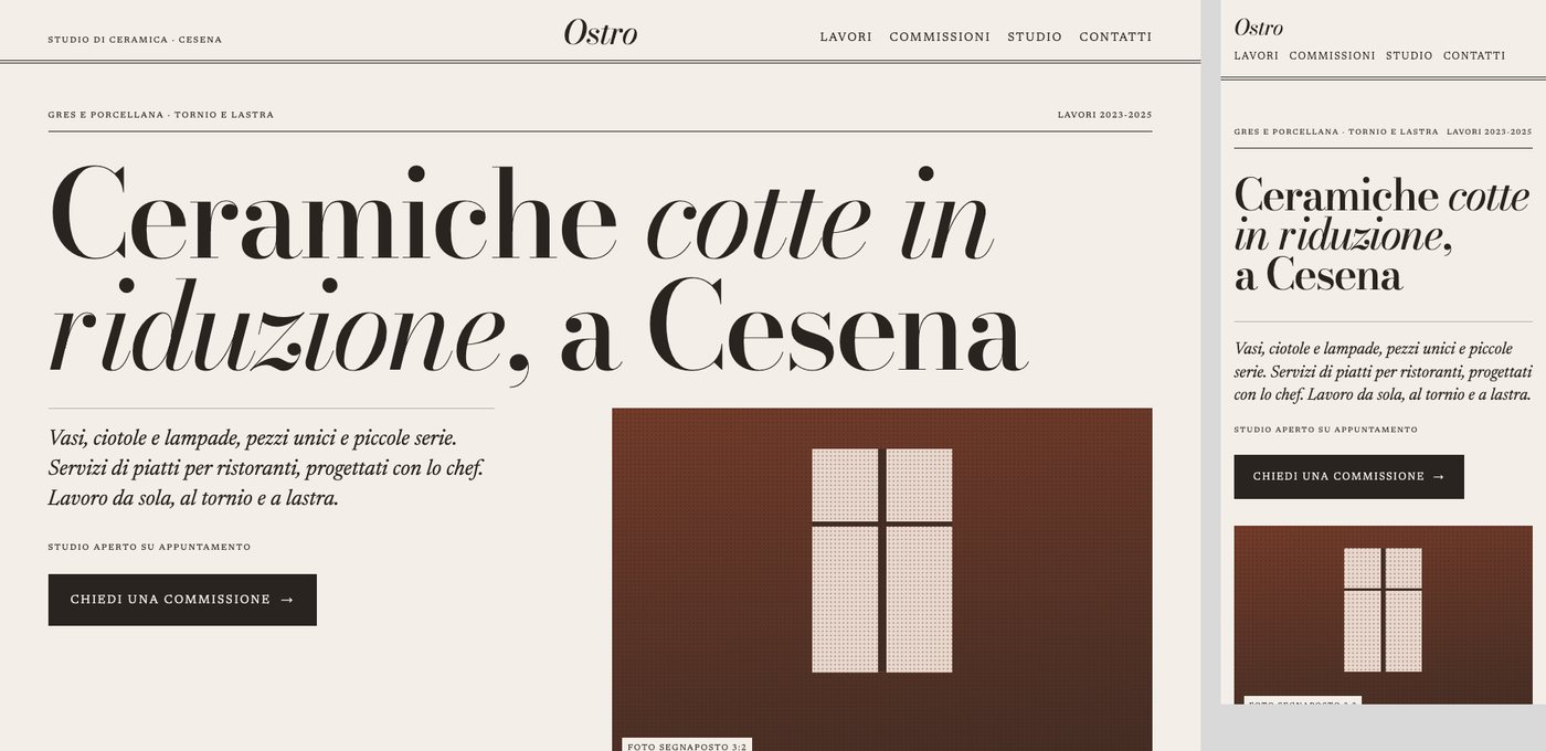 Home di Ostro, studio di ceramica di prova: il titolo «Ceramiche cotte in riduzione, a Cesena» in un carattere da rivista con il corsivo, un bottone scuro e una foto segnaposto color terracotta, al computer e al telefono.