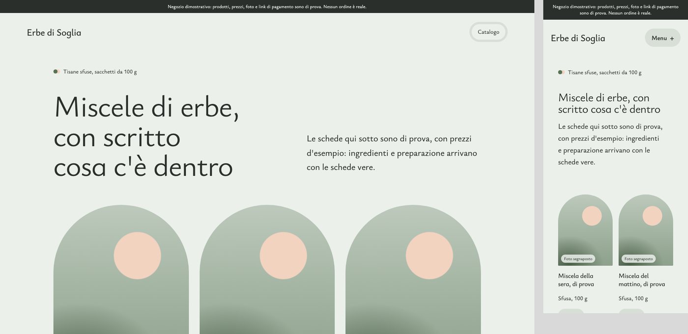 Demo di Store vetrina: il catalogo verde salvia di Erbe di Soglia, erboristeria di prova, al computer e al telefono.