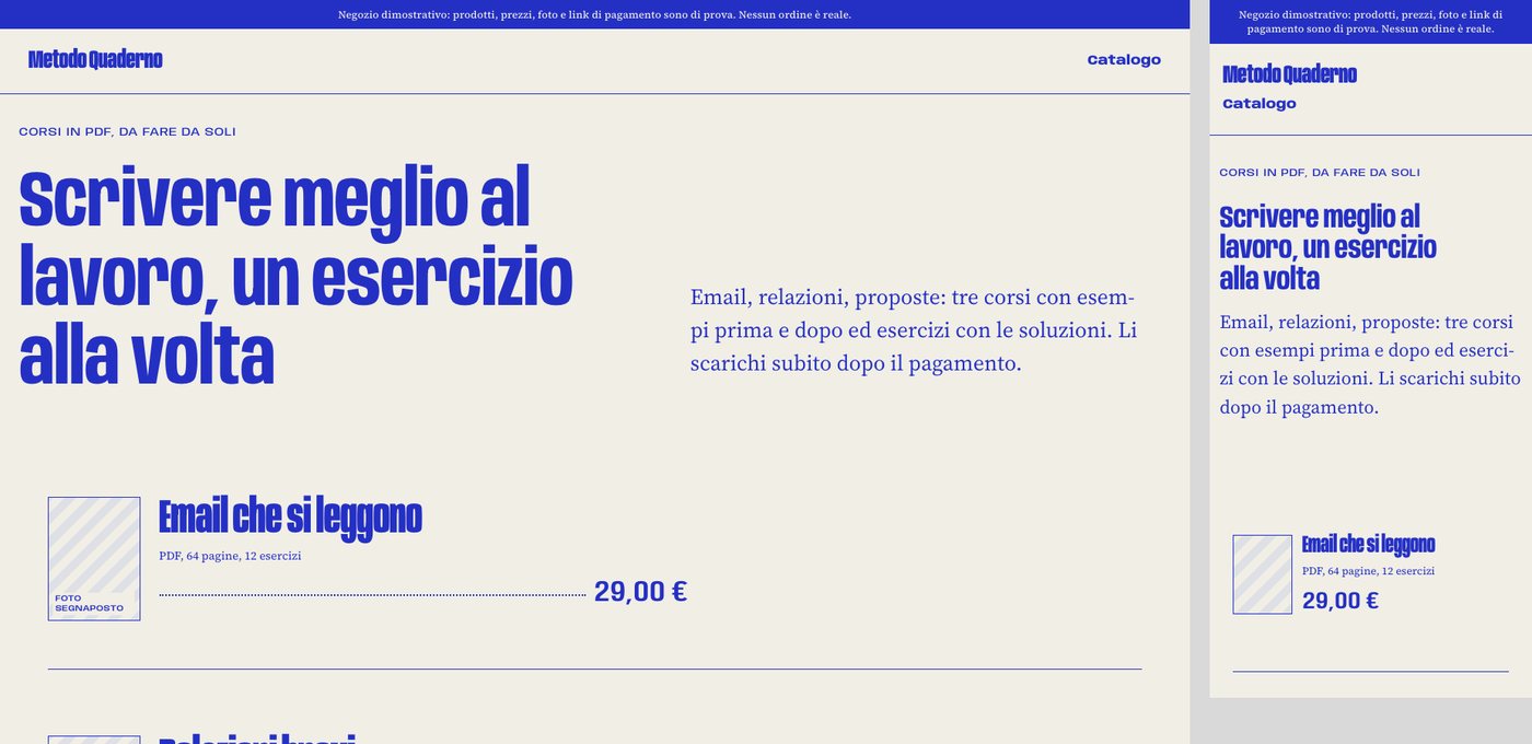 Catalogo di Metodo Quaderno, corsi di scrittura di prova: il titolo «Scrivere meglio al lavoro, un esercizio alla volta» in blu, e la prima scheda «Email che si leggono», PDF di 64 pagine con 12 esercizi a 29 euro, al computer e al telefono.