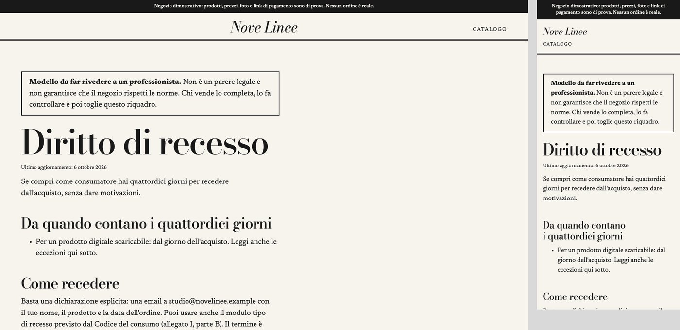 Pagina «Diritto di recesso» di Nove Linee, negozio di prova: in alto un riquadro dice che è un modello da far rivedere a un professionista, sotto i quattordici giorni e come recedere, al computer e al telefono.
