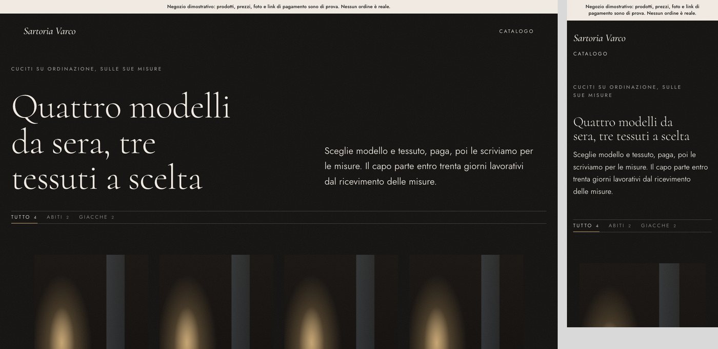 Catalogo di Sartoria Varco, sartoria di prova: il titolo «Quattro modelli da sera, tre tessuti a scelta» in chiaro su fondo nero, i filtri Abiti e Giacche e le prime foto segnaposto con un bagliore caldo, al computer e al telefono.