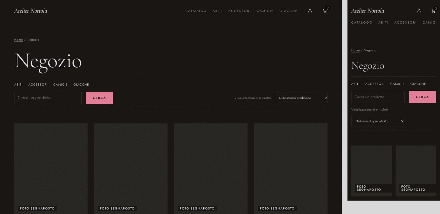 Pagina Negozio di Atelier Nottola in WordPress: il titolo Negozio su fondo nero, le categorie Abiti, Accessori, Camicie e Giacche, la ricerca con il bottone rosa e la griglia dei prodotti con foto segnaposto, al computer e al telefono.